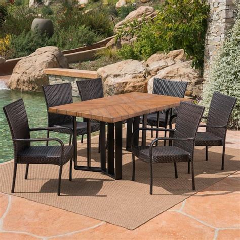 Noble House Fossili Multi Brown 7 Piece Faux Rattan Outdoor Dining Set