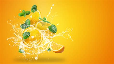 Photos Orange Fruit Drops Water Splash Food Colored 2560x1440