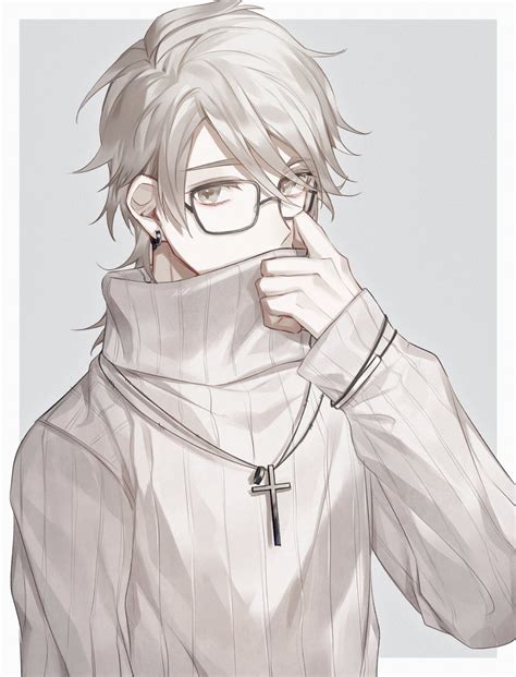 Anime Male White Hair Glasses Io Has Dark Hair With An Ahoge Along With