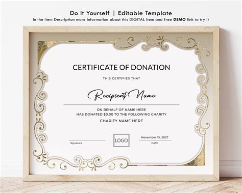 Editable Certificate Of Donation Template Printable Charity Donation