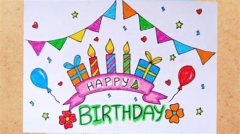 Happy Birthday Greeting Card Drawing Step By Step Youtube