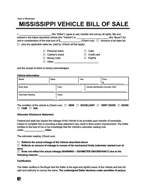 Free Mississippi Bill Of Sale Form Pdf And Word Legaltemplates