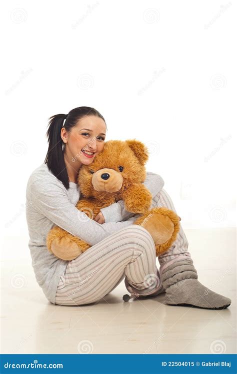 Woman In Pyjama Hugging Bear Stock Image Image Of Caucasian Smiling