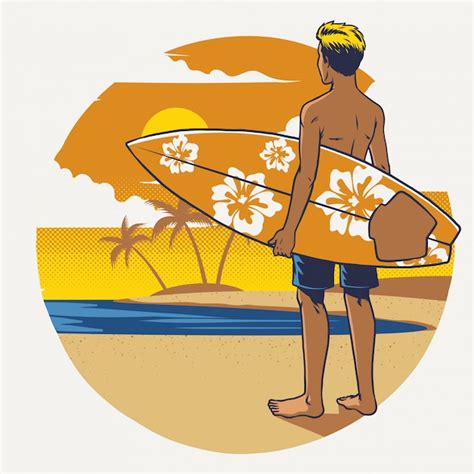 Dibujo A Mano Surfista Con La Tabla De Surf Vector Premium
