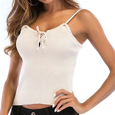 Wholesale Spaghetti Strap Lace Up Camis Camisole Cropped Top Women Summer Sexy Knitted Low