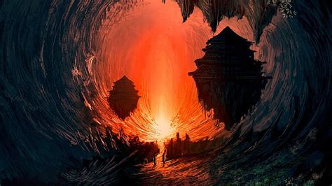 Silhouette Of House Earth Fantasy Art Orange Cave Landscape Rock