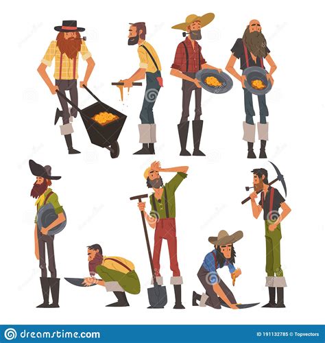 Male Prospectors Characters Set Bearded Gold Miners Wild West