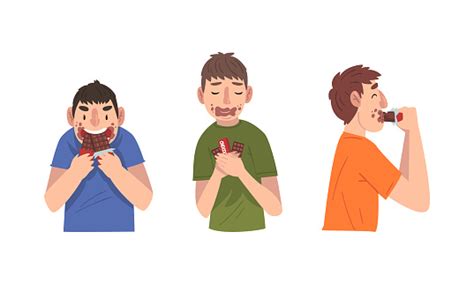 Young Guy Greedily Eating Bar Of Chocolate Vector Set Stock