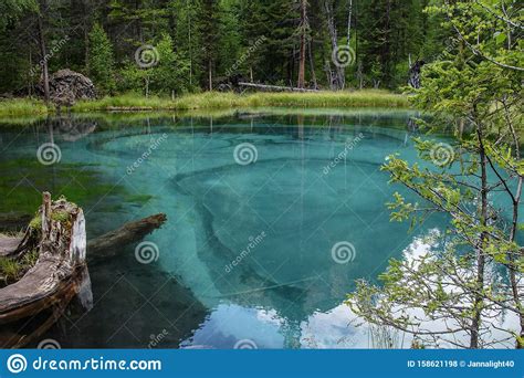 Blue Geyser Lake Surface Forest And Grass Around Altai Republic