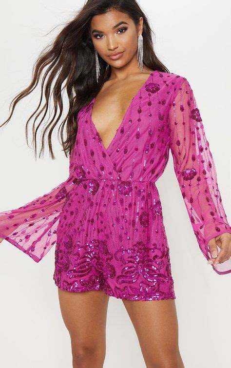 Hot Pink Sequin Embroidered Wrap Playsuit In 2019 Wrap Playsuit