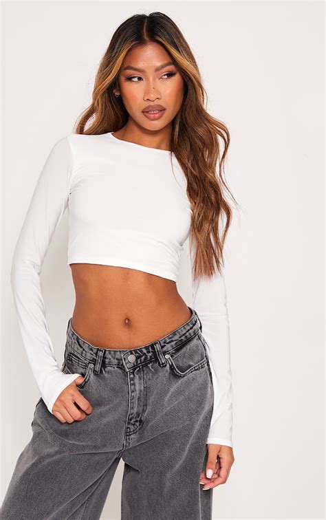 White Basic Slinky Long Sleeve Crop Top Prettylittlething Aus