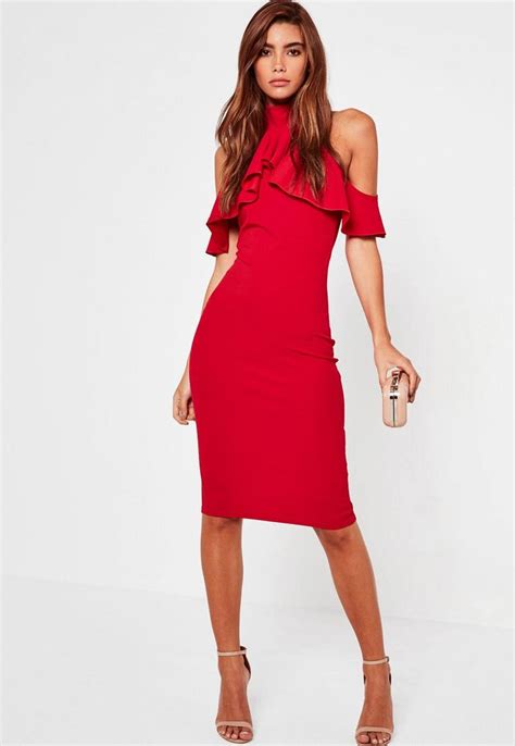 Missguided Red Frill Cold Shoulder Bodycon Midi Dress Modelos