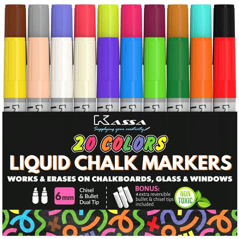 Kassa Colors 20 Pack Liquid Chalkboard Markers Erasable For
