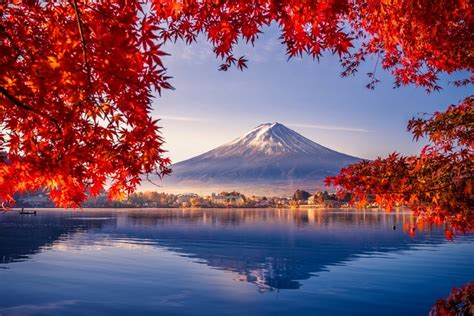 Fall Colorful Red Autumn Japan View Beautiful Fuji Lake
