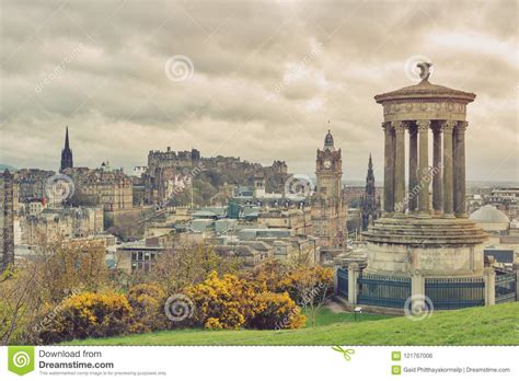 Cityscape Of Edinburgh City From The Hilltop Of Calton Hill In Central