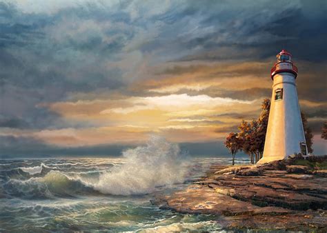 Sunset With Ohio Marble Head Lighthouse Painting By Regina Femrite