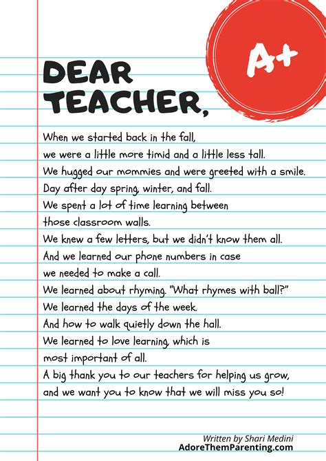Teacher Poem Free Printable Thank You From Kids In 2022 Teacher