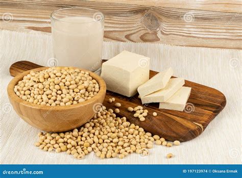 Soy Foods Collection With Soy Meat Soybeans Soy Milk And Tofu Stock