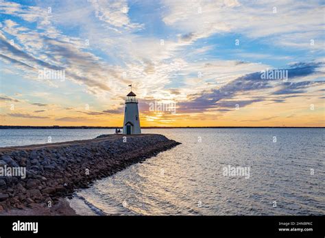 Sunset Beautiful Afterglow Over The Lighthouse Of Lake Hefner At