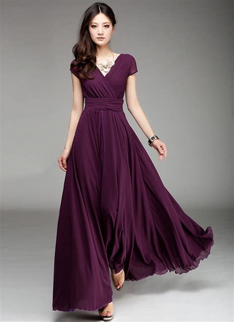 Cap Sleeve Purple Maxi Dress With V Neck And Ruched Waist Yoke Rm157