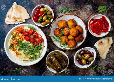 Arabic Traditional Cuisine Middle Eastern Meze With Pita Olives