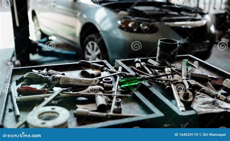 Closeup Of Mechanic Tools At Car Repair Station Fixing Services And