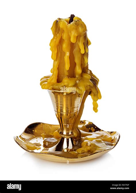 Burning Vintage Church Candle Wax In Old Gold Candlestick Isolated On