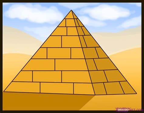 A Drawing Of A Pyramid With Clouds In The Sky Behind It And Sand On The