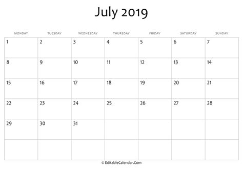 Printable Blank Monthly Calendar July 2019