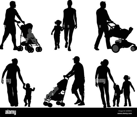 Los Padres Caminando Con Sus Hijos Vector Siluetas Imagen Vector De