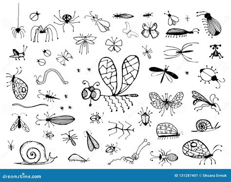 Set Of Hand Drawn Insects Or Small Animals Sketch Illustration Stock