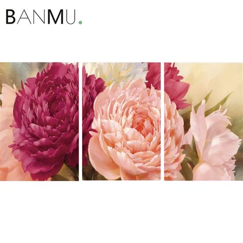 Banmu 3 Panels Flower Wall Art Painting Print Peony On Canvas Poster