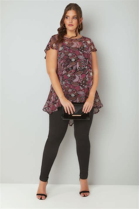 Pink And Brown Leaf Print Swing Top With Dipped Hem Plus Size 16 To 32