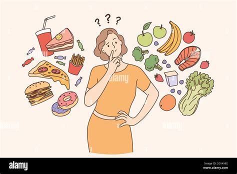 Dieting Healthy Lifestyle Weight Loss Concept Woman Cartoon
