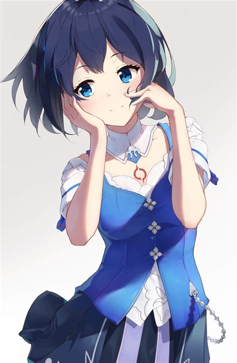 Safebooru 1girl Alternate Costume Blue Eyes Blue Hair Closed Mouth Hands On Own Face Highres