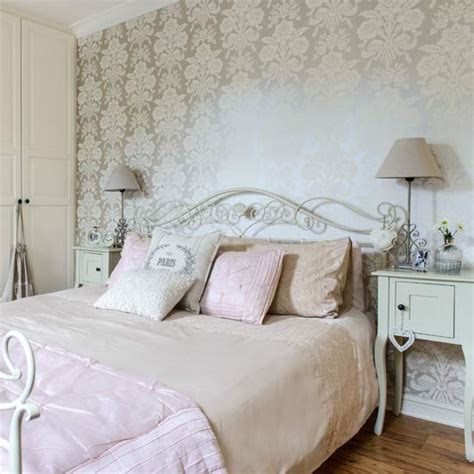 Painted with our shabby french linen and distressed just right. French-style bedroom with gold wallpaper | Country bedroom ...