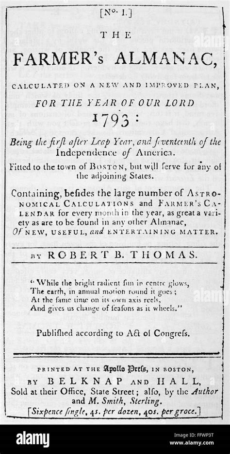 Farmers Almanac 1793 Nfacsimile Of The Front Cover Of The First