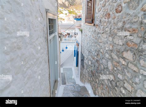Hydra Greek Island July 20 2019 Narrow Alley Down To Balcony