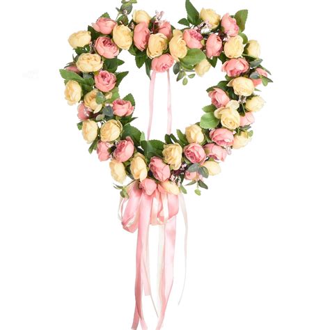 Coolmade 14 Inch Artificial Rose Flower Wreath Heart Shaped Floral