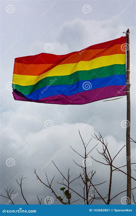Gay Flag Waving With Pride With A Cloudy Background Stock Image Image