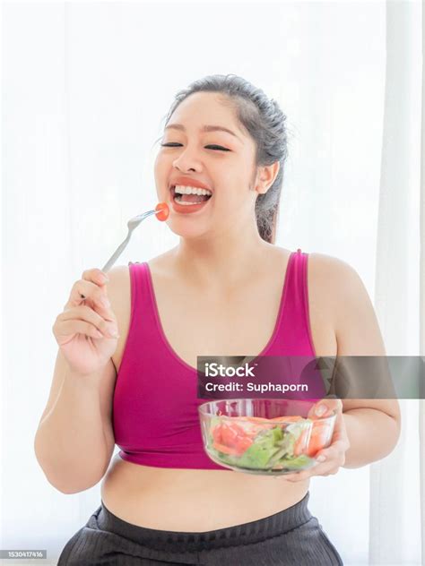 Overweight Asian Plump Female Fat Women Fat Girl Chubby Eating Vegetable Salad Lifestyle Woman