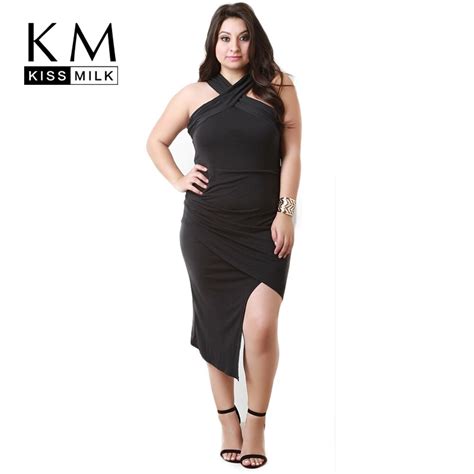 Kissmilk Plus Size Women Clothing Casual Solid Cross Front Dress Tied