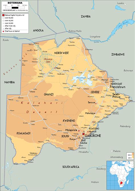 Large Size Physical Map Of Botswana Worldometer