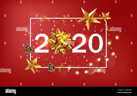New Year 2020 Banner With Golden Stars And Ribbon Warm Light Fairy Lights And Red Background
