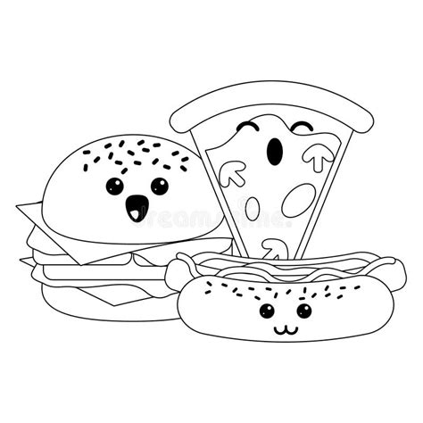 Fast Food Kawaii Cartoon In Black And White Stock Vector Illustration