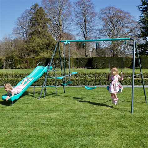 Rebo Childrens Metal Garden Swing Set Double Swing Glider Slide