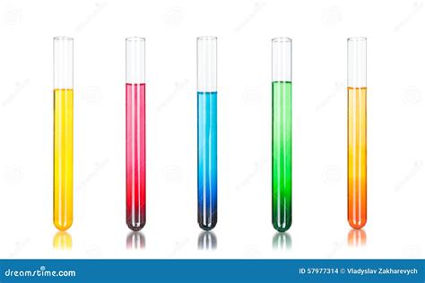 Colored Liquids In Five Test Tubes Isolated Over White Backgroun Stock