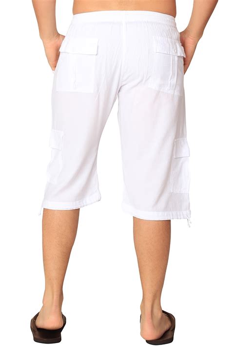 Mandb Usa Cotton White Loose Fit Summer Cargo Shorts Solid Multi Pocket