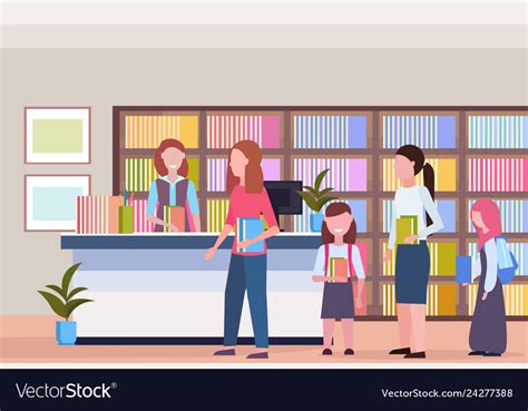 People In Line Queue Borrowing Books From Vector Image