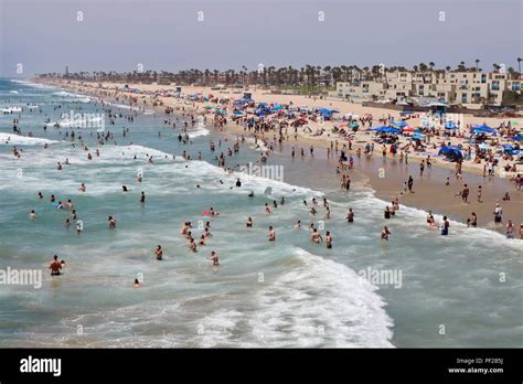 Crowded Beach During A Heat Wave In Huntington Beach California Stock